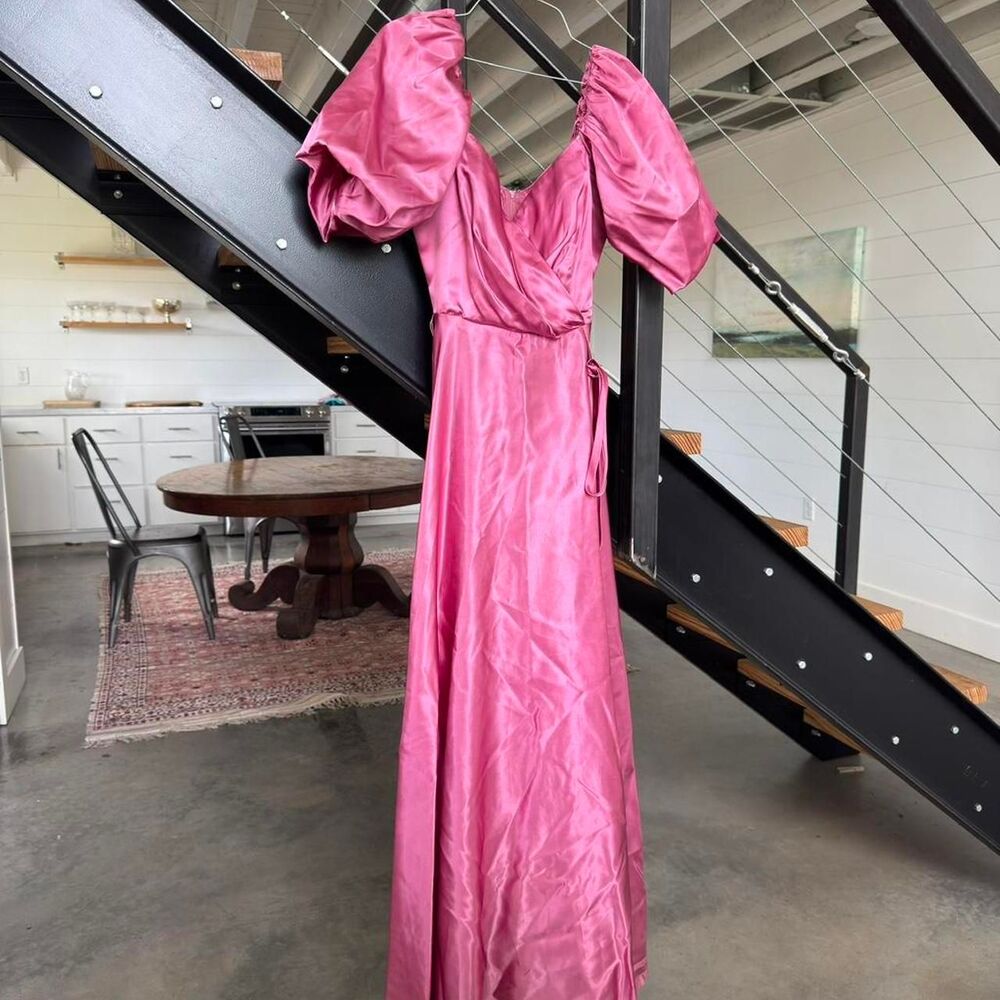 Vintage Pink formal prom silk-like maxi dress with ruffle sleeves and tie waist.